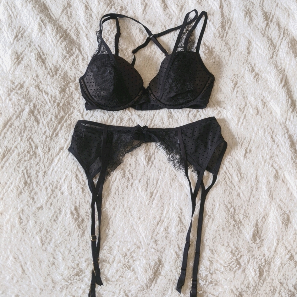 Adore Me Black Lace Bra with Garter Belt